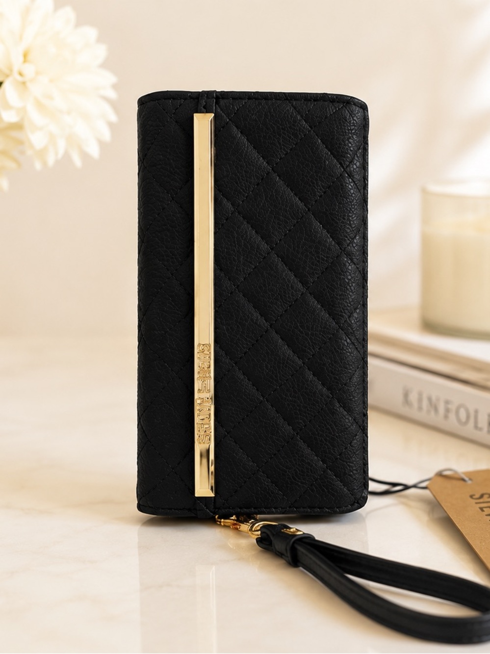 Steve Madden Black Quilted Wristlet Clutch with Gold Accent